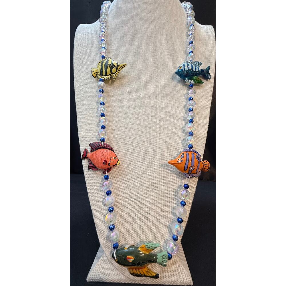 Vintage Tropical Fish Acrylic Wood Beaded Necklace 35”